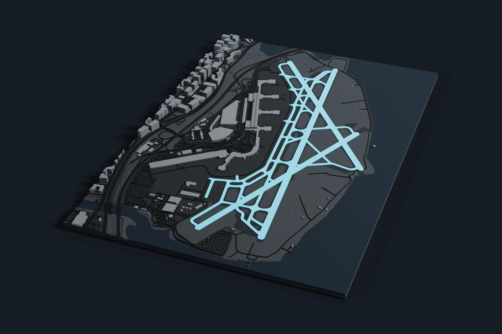 Render of a 3D printed map of Ronald Reagan Washington National Airport, the runways and taxiways in cyan on a dark grey model of the terminals, buildings and land around them.
