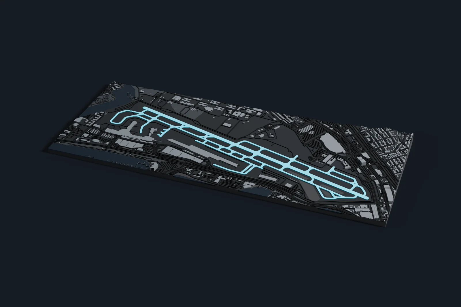 Render of a 3D printed map of San Diego International Airport, the runways and taxiways in cyan on a dark grey model of the terminals, buildings and land around them.