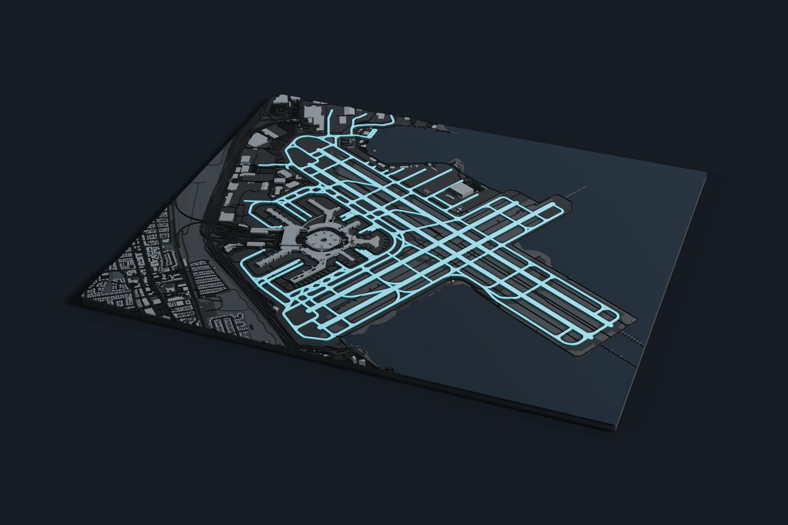 Render of a 3D printed map of San Francisco International Airport, the runways and taxiways in cyan on a dark grey model of the terminals, buildings and land around them.