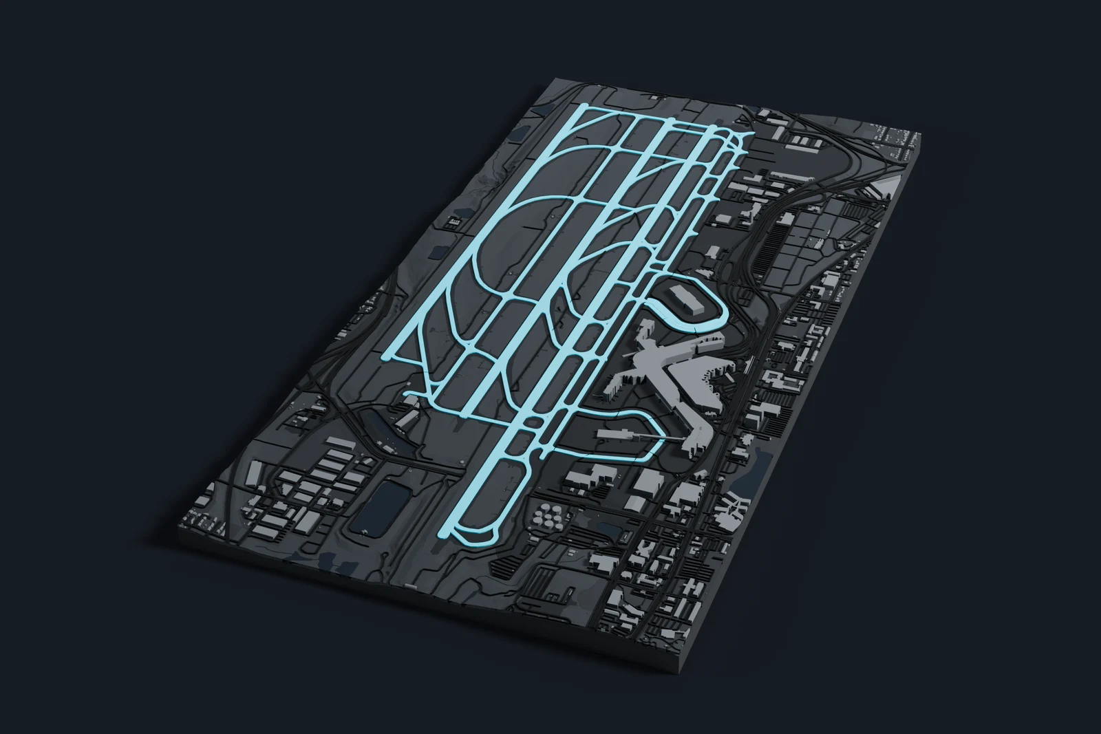 Render of a 3D printed map of Seattle–Tacoma International Airport, the runways and taxiways in cyan on a dark grey model of the terminals, buildings and land around them.