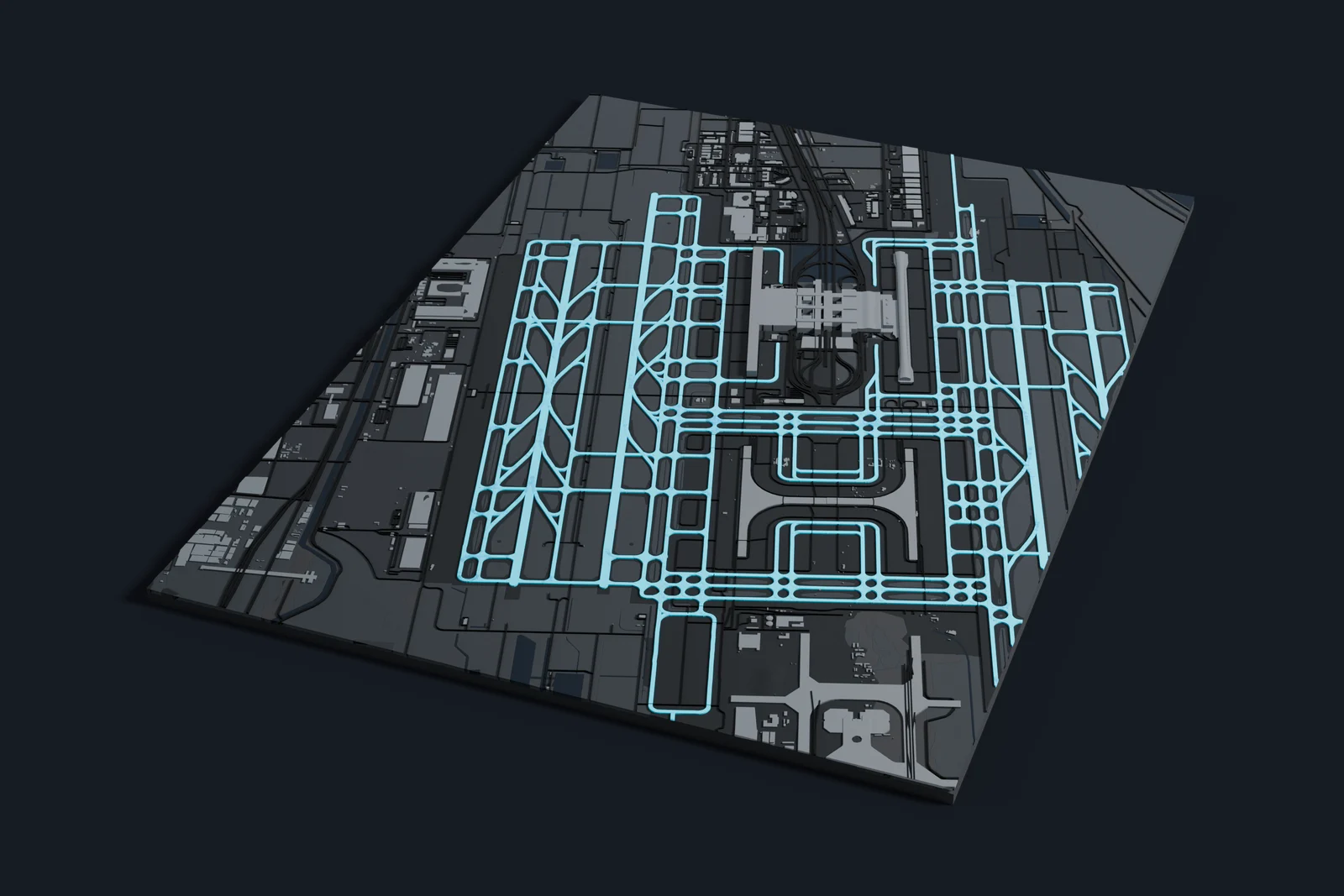 Render of a 3D printed map of Shanghai Pudong International Airport, the runways and taxiways in cyan on a dark grey model of the terminals, buildings and land around them.
