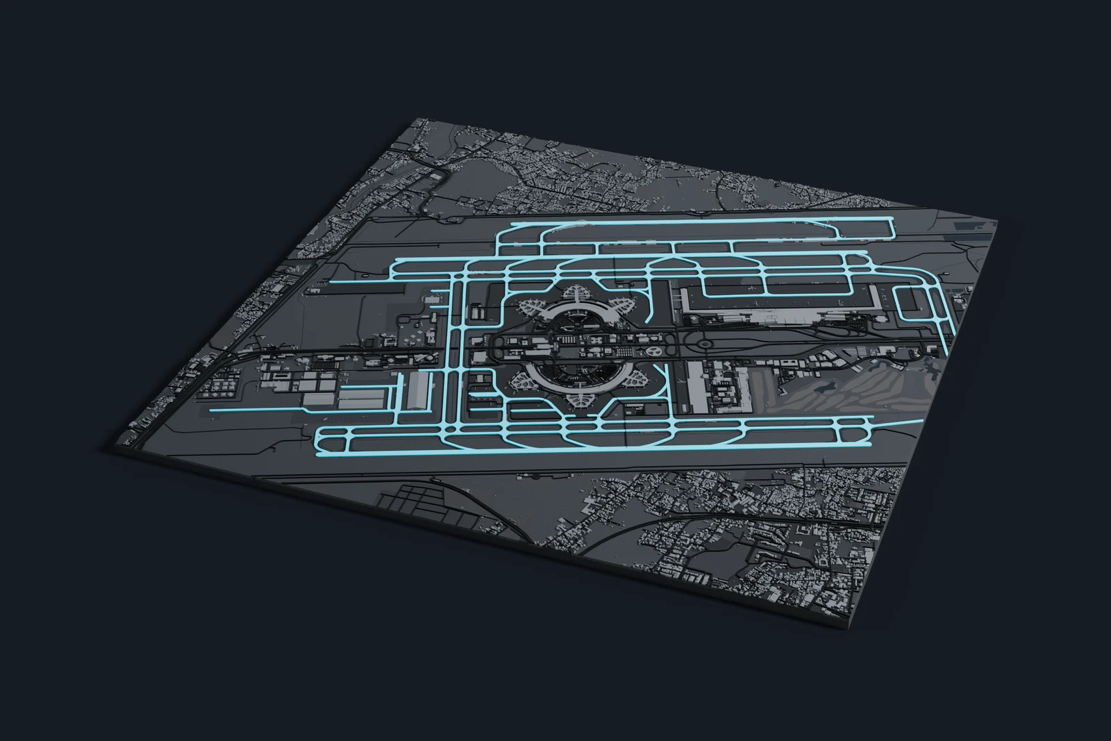 Render of a 3D printed map of Soekarno–Hatta International Airport, the runways and taxiways in cyan on a dark grey model of the terminals, buildings and land around them.