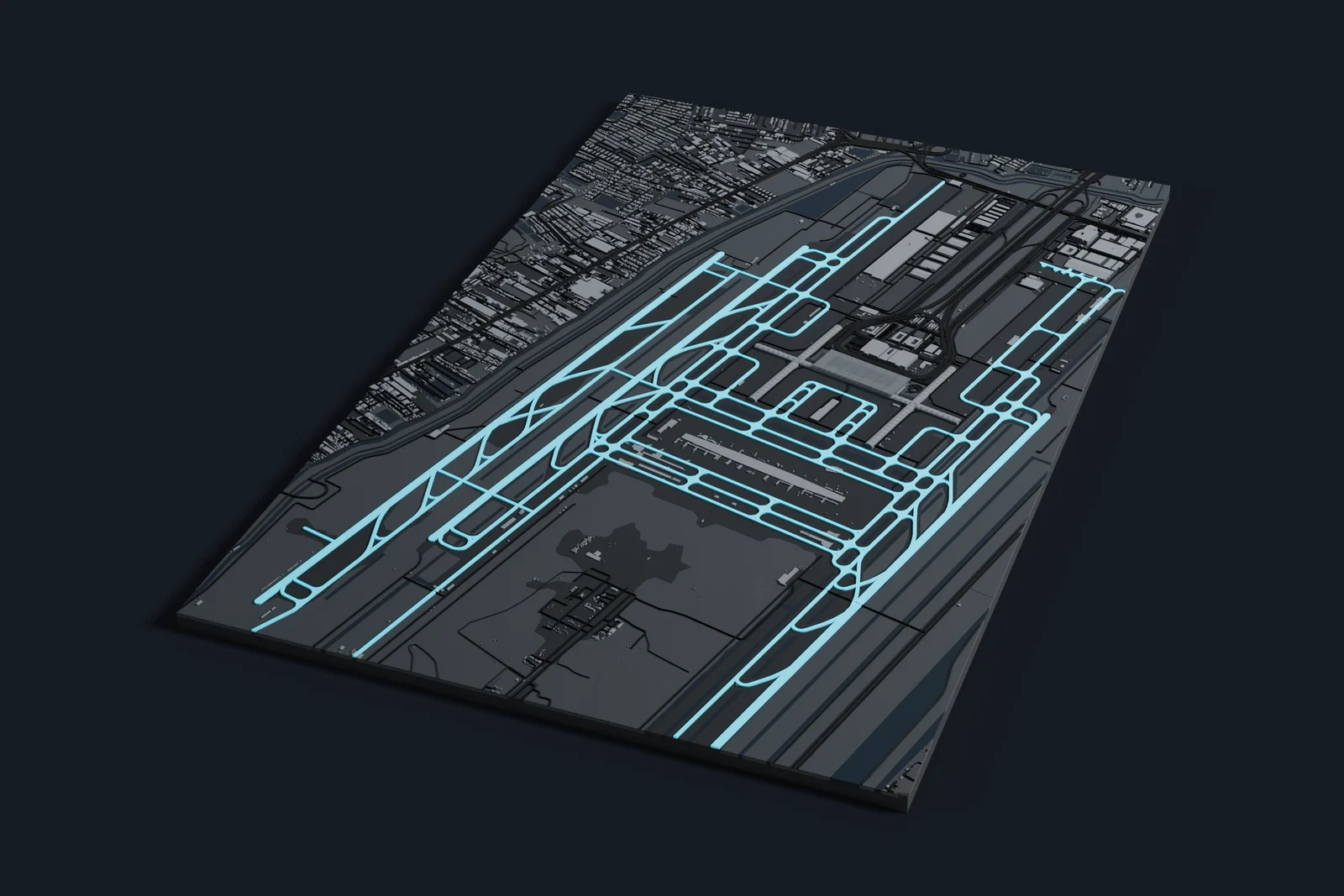 Render of a 3D printed map of Suvarnabhumi Airport, the runways and taxiways in cyan on a dark grey model of the terminals, buildings and land around them.