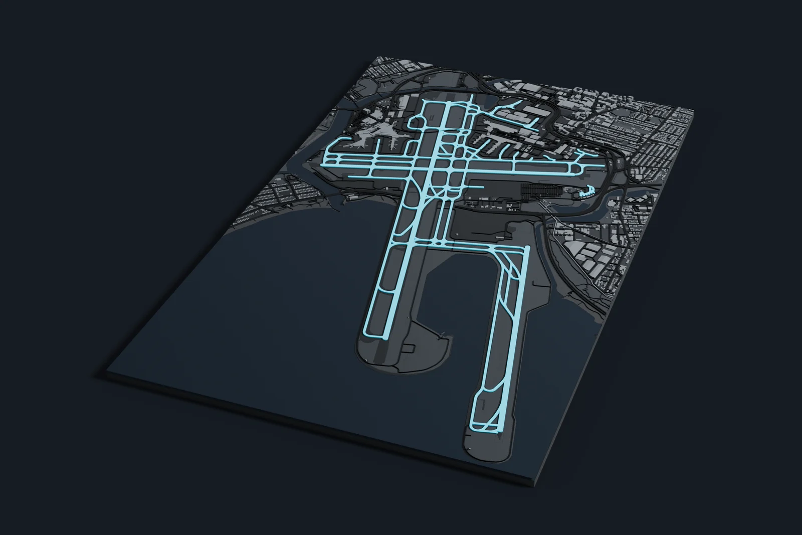 Render of a 3D printed map of Sydney Airport, the runways and taxiways in cyan on a dark grey model of the terminals, buildings and land around them.