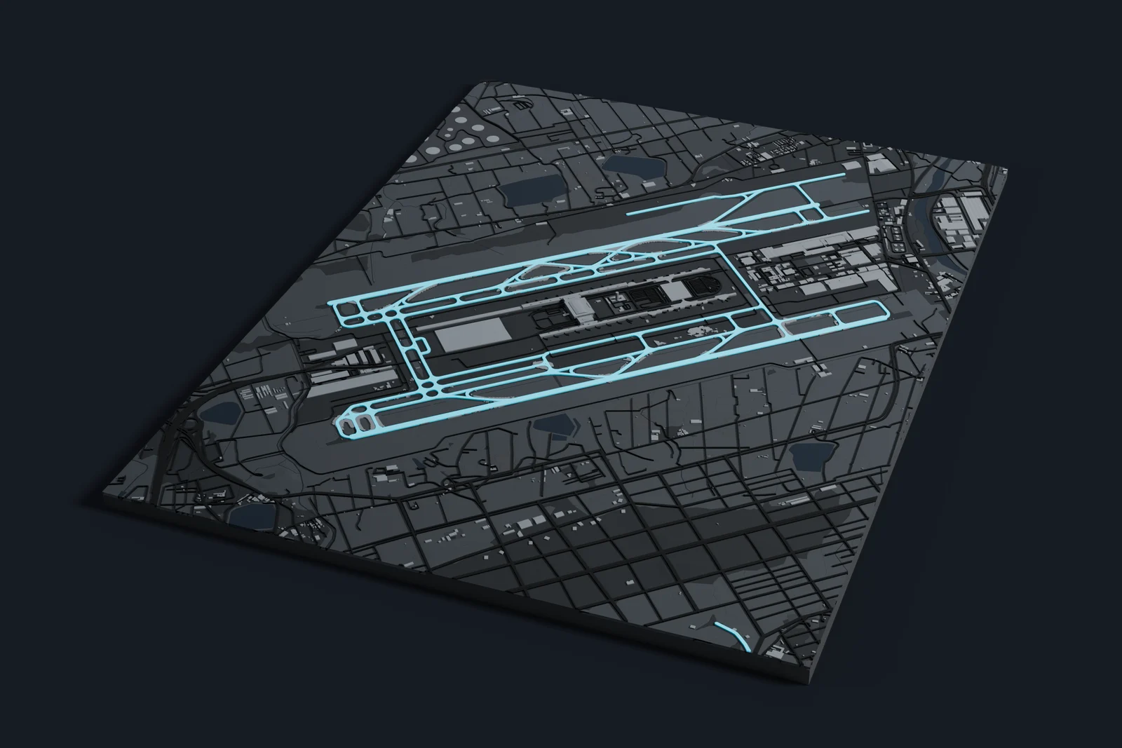 Render of a 3D printed map of Taoyuan International Airport, the runways and taxiways in cyan on a dark grey model of the terminals, buildings and land around them.