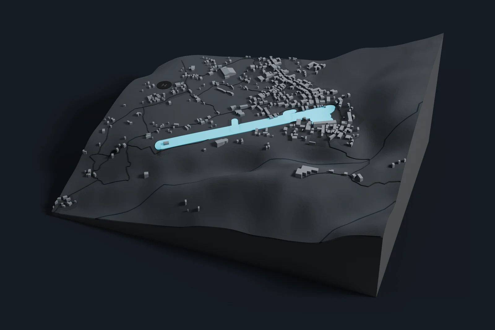 Render of a 3D printed map of Tenzing-Hillary Airport, the runways and taxiways in cyan on a dark grey model of the terminals, buildings and land around them.