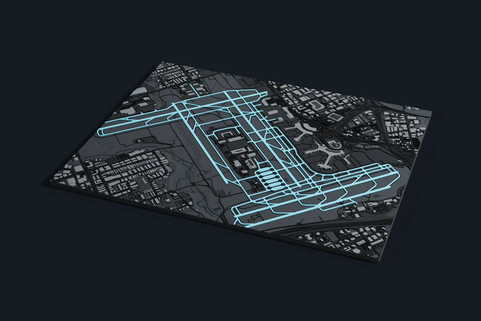 Render of a 3D printed map of Toronto Pearson International Airport, the runways and taxiways in cyan on a dark grey model of the terminals, buildings and land around them.