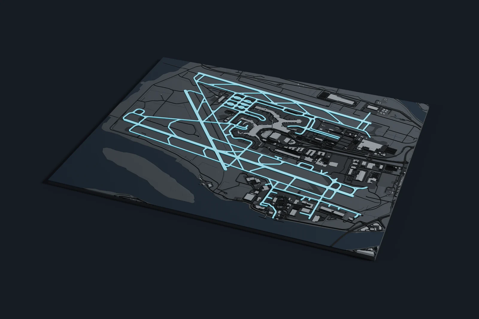 Render of a 3D printed map of Vancouver International Airport, the runways and taxiways in cyan on a dark grey model of the terminals, buildings and land around them.