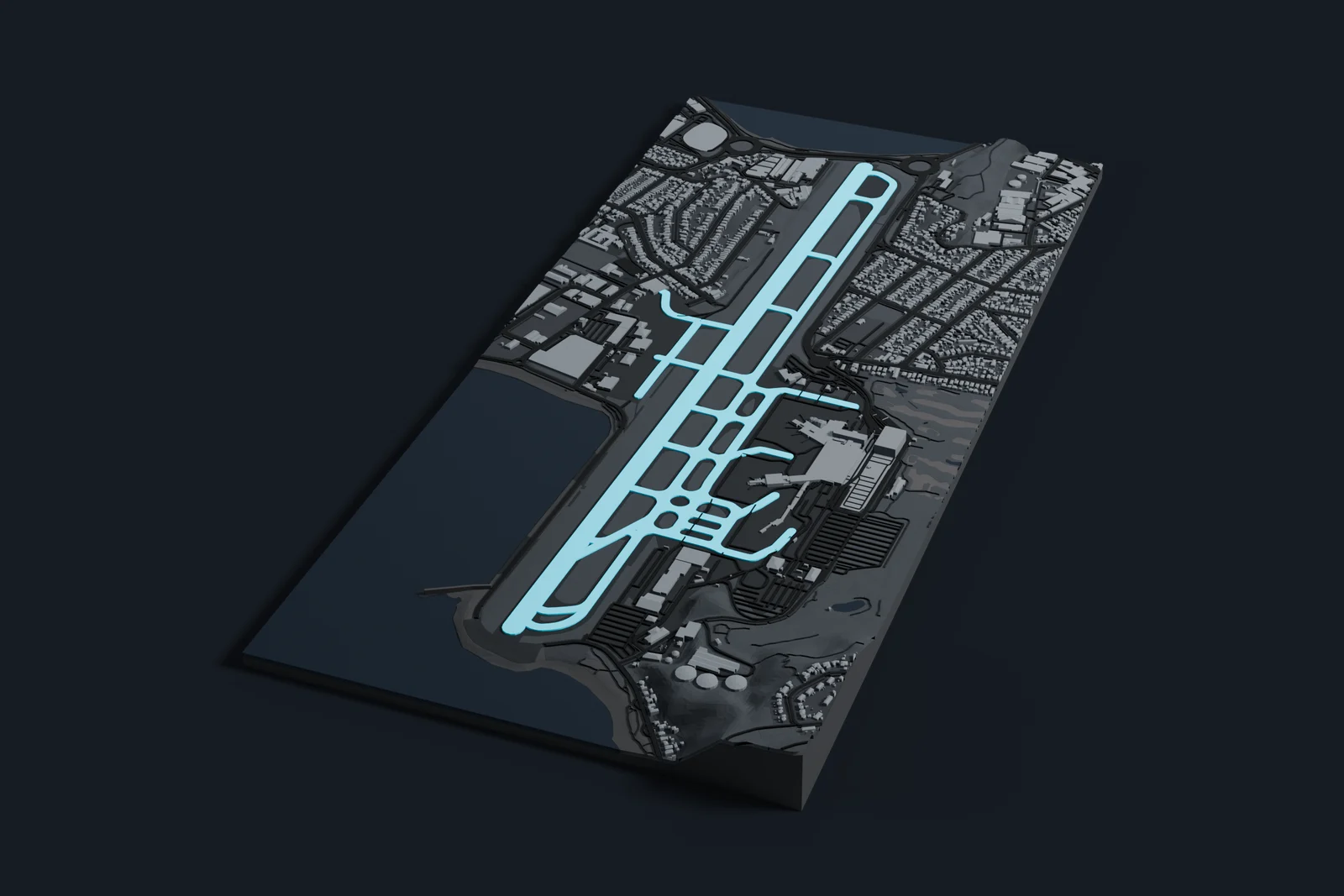 Render of a 3D printed map of Wellington Airport, the runways and taxiways in cyan on a dark grey model of the terminals, buildings and land around them.