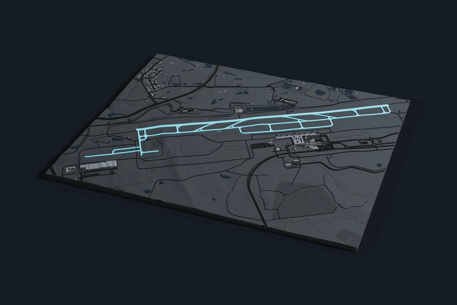 Render of a 3D printed map of Western Sydney Airport, the runways and taxiways in cyan on a dark grey model of the terminals, buildings and land around them.