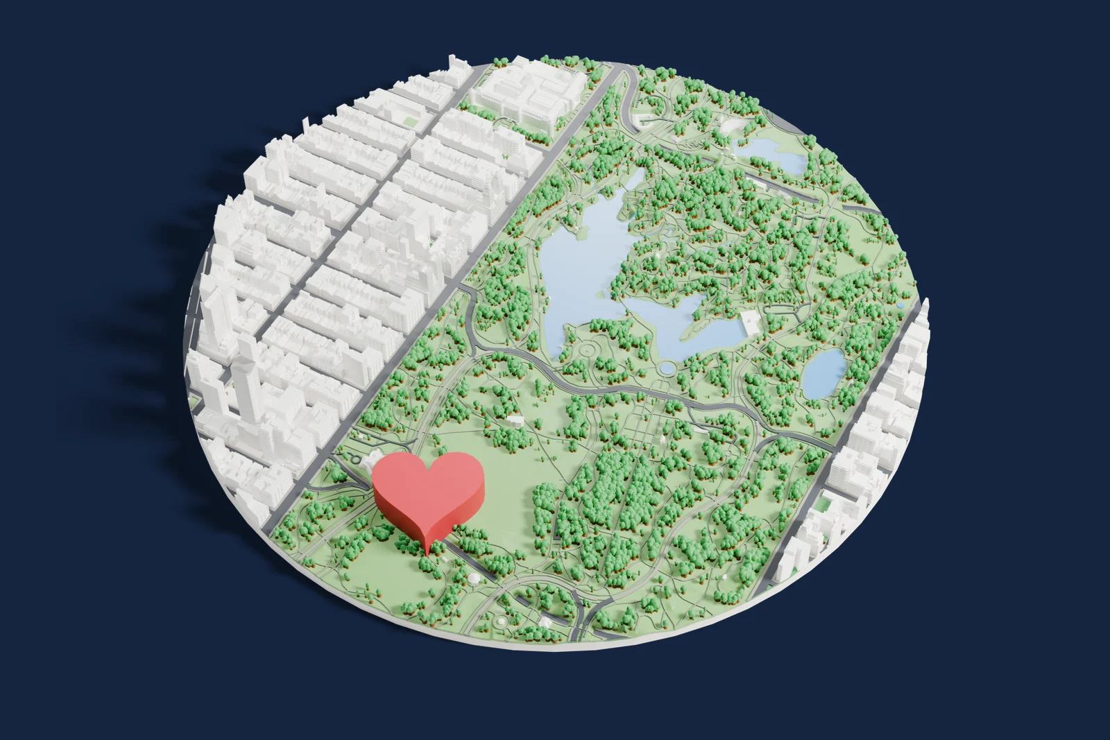 3D printed map of Central Park, New York, with a red heart on Sheep Meadow