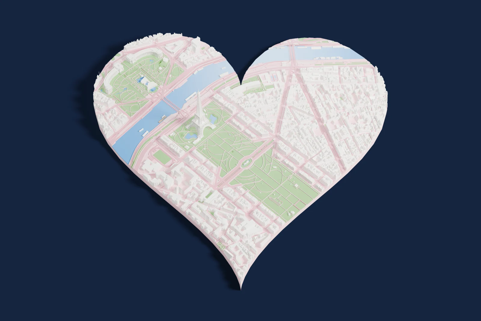 3D printed map of Paris around the Eiffel Tower, cut in the shape of a heart