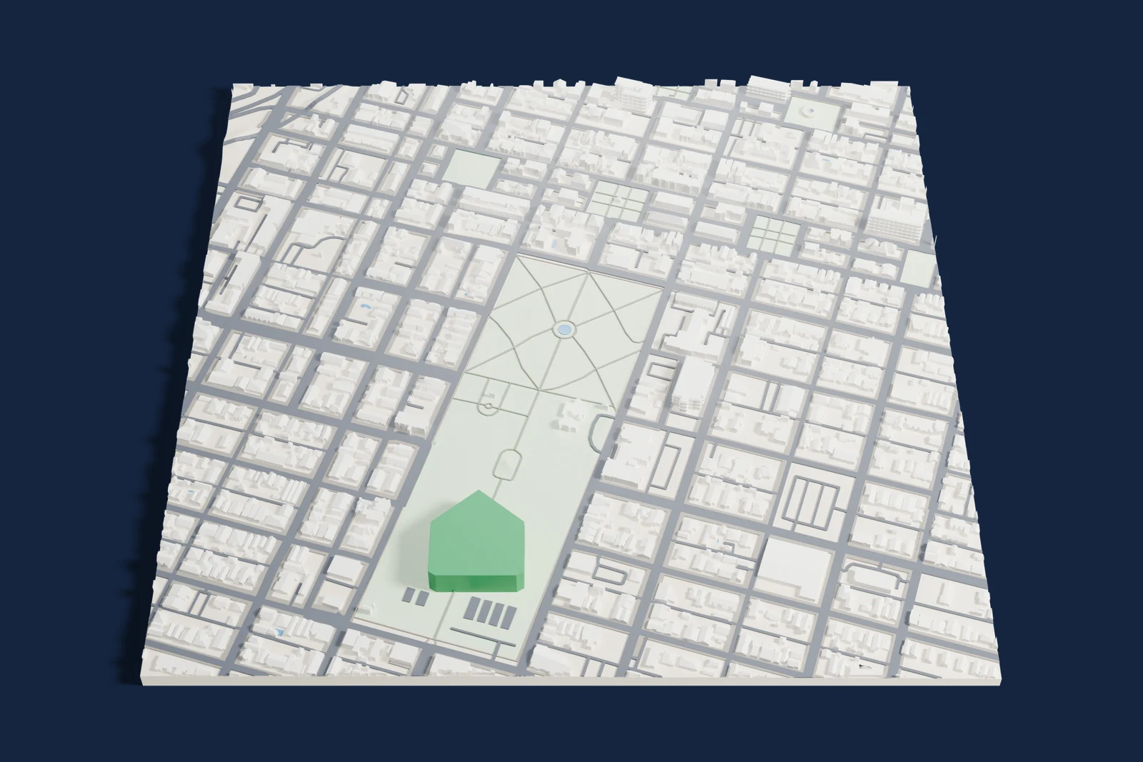 3D printed map of Savannah, Georgia, with a green home marker in Forsyth Park