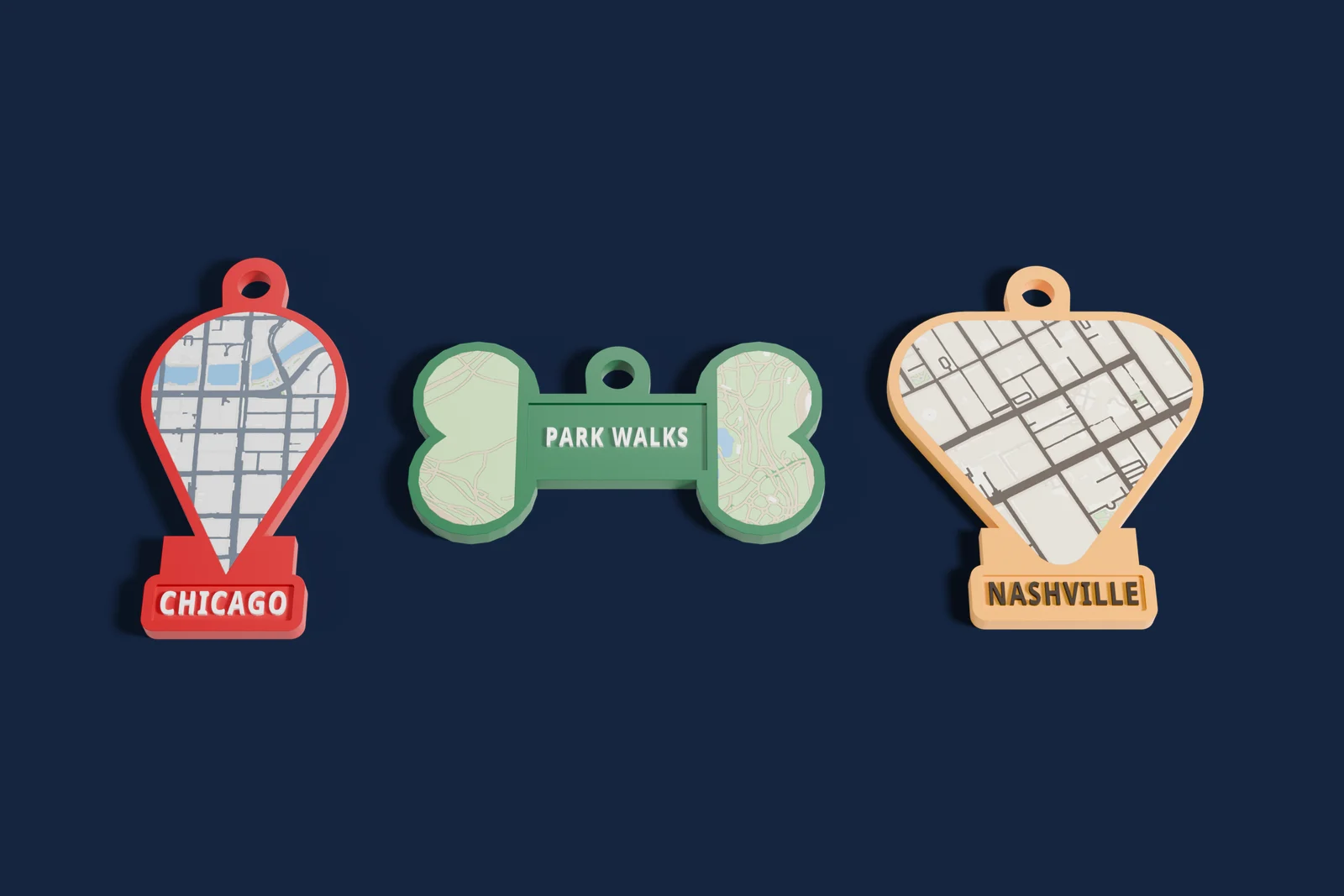 Three 3D printed map keychains: a Chicago map pin, a Prospect Park dog bone and a Nashville guitar pick
