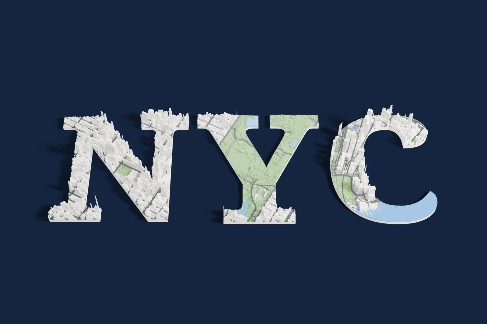 The letters N, Y and C, each a 3D printed map of Manhattan