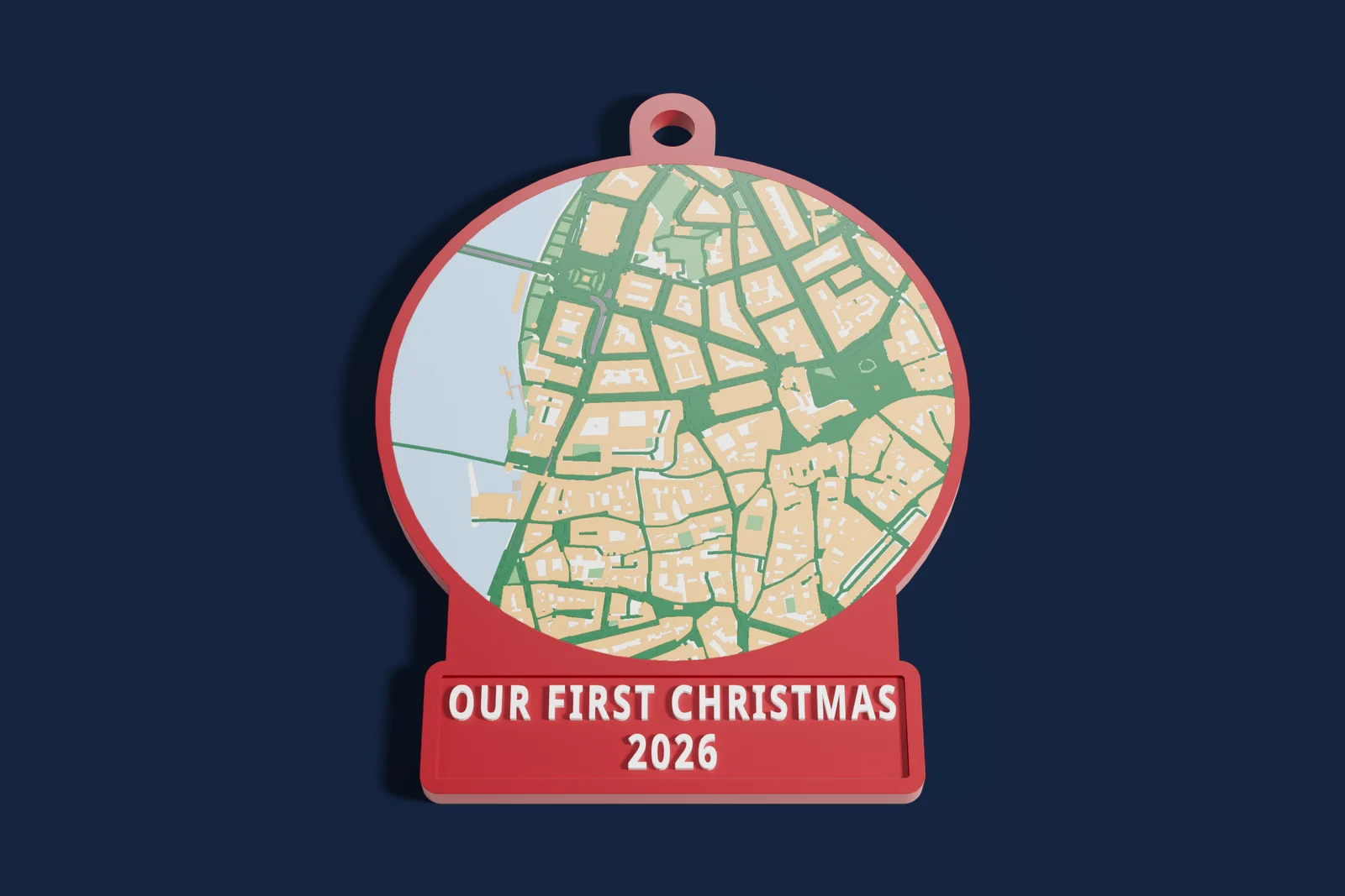 Round 3D printed map ornament of Prague Old Town that reads Our first Christmas 2026