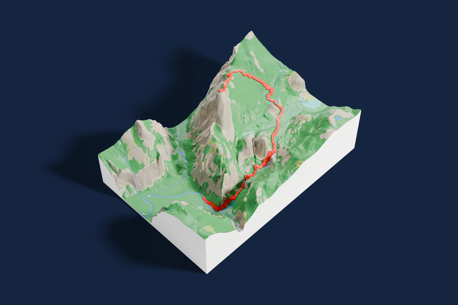 3D printed terrain map of Half Dome in Yosemite with the Mist Trail raised in red