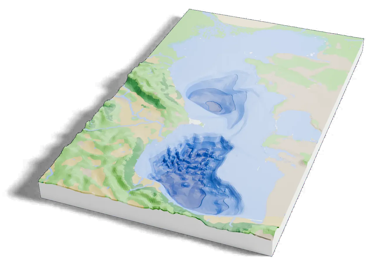3D printed depth map of the Caspian Sea: the lake drained to its bed, shaded darker blue where it is deeper.