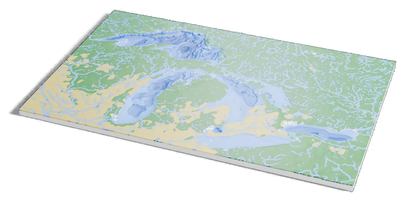 3D printed depth map of the Great Lakes: the lake drained to its bed, shaded darker blue where it is deeper.