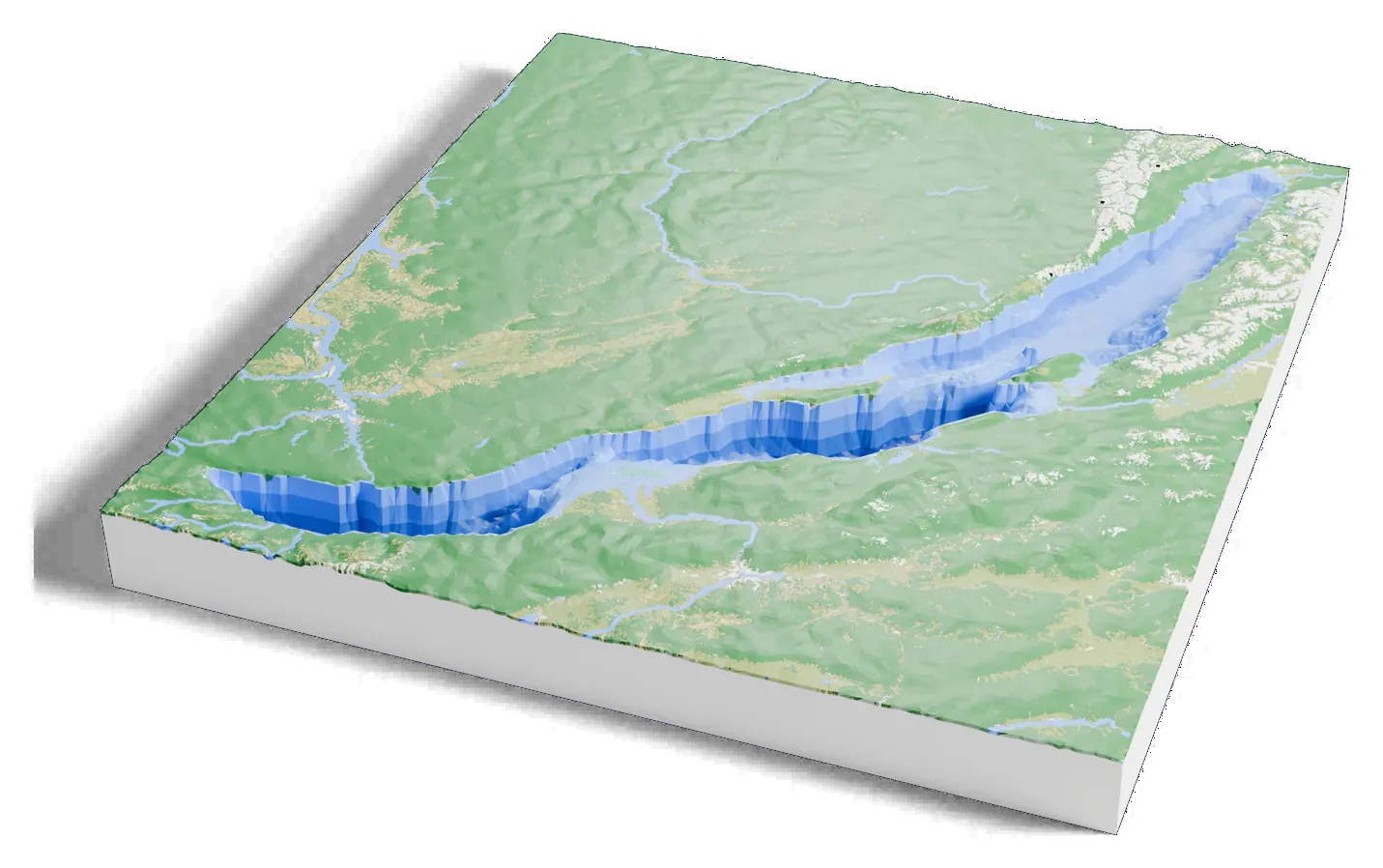 3D printed depth map of Lake Baikal: the lake drained to its bed, shaded darker blue where it is deeper.
