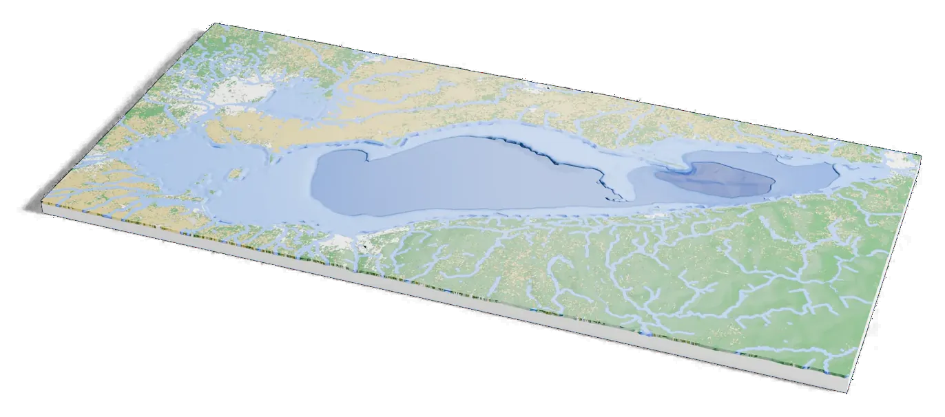 3D printed depth map of Lake Erie: the lake drained to its bed, shaded darker blue where it is deeper.