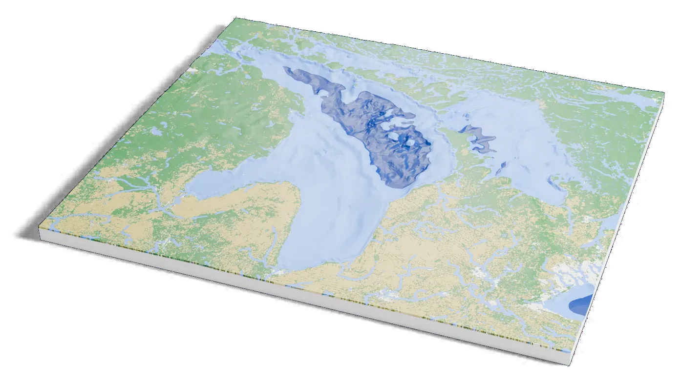 3D printed depth map of Lake Huron: the lake drained to its bed, shaded darker blue where it is deeper.