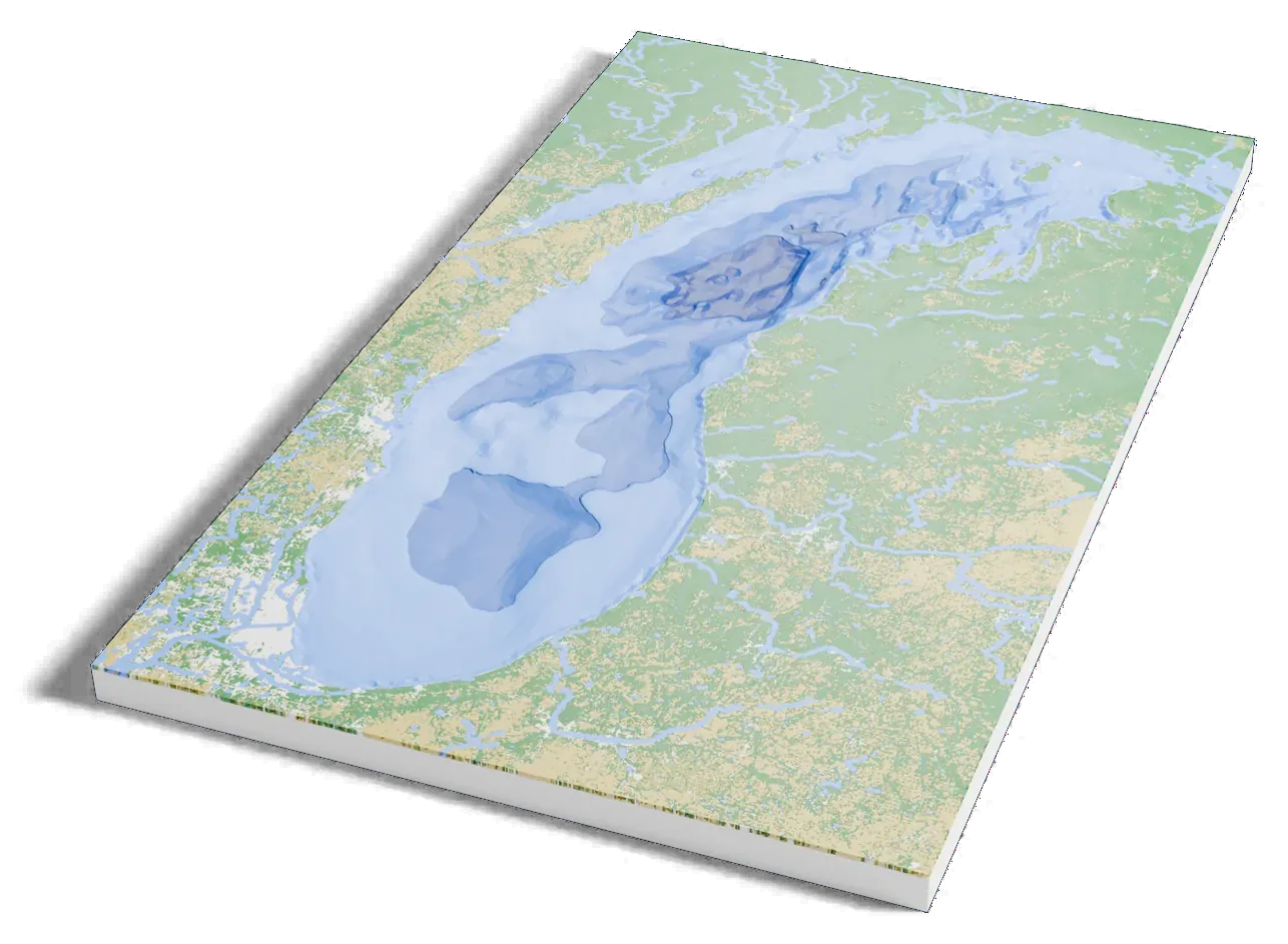 3D printed depth map of Lake Michigan: the lake drained to its bed, shaded darker blue where it is deeper.