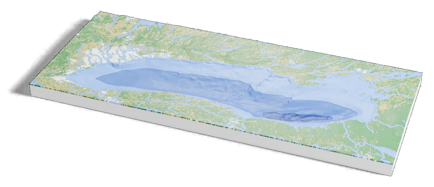 3D printed depth map of Lake Ontario: the lake drained to its bed, shaded darker blue where it is deeper.