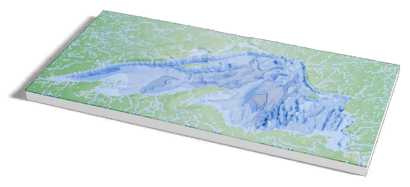 3D printed depth map of Lake Superior: the lake drained to its bed, shaded darker blue where it is deeper.