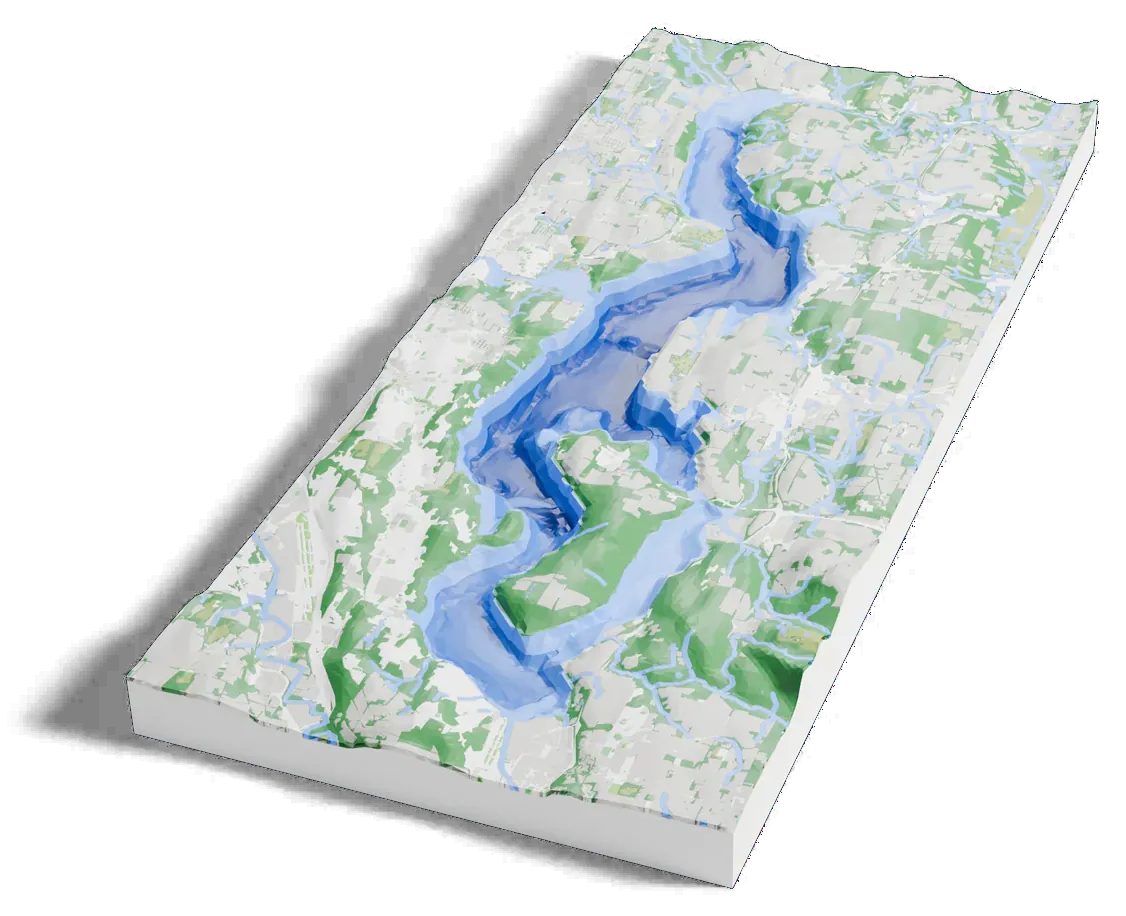 3D printed depth map of Lake Washington: the lake drained to its bed, shaded darker blue where it is deeper.