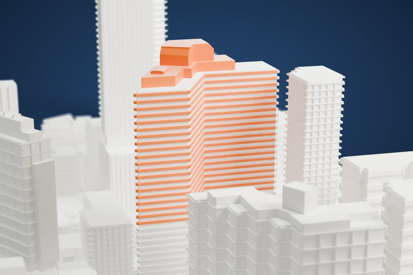 A white 3D print of 1 Lincoln Plaza, a tall tower with a stepped crown and a lower base, among taller and shorter buildings and wide streets.