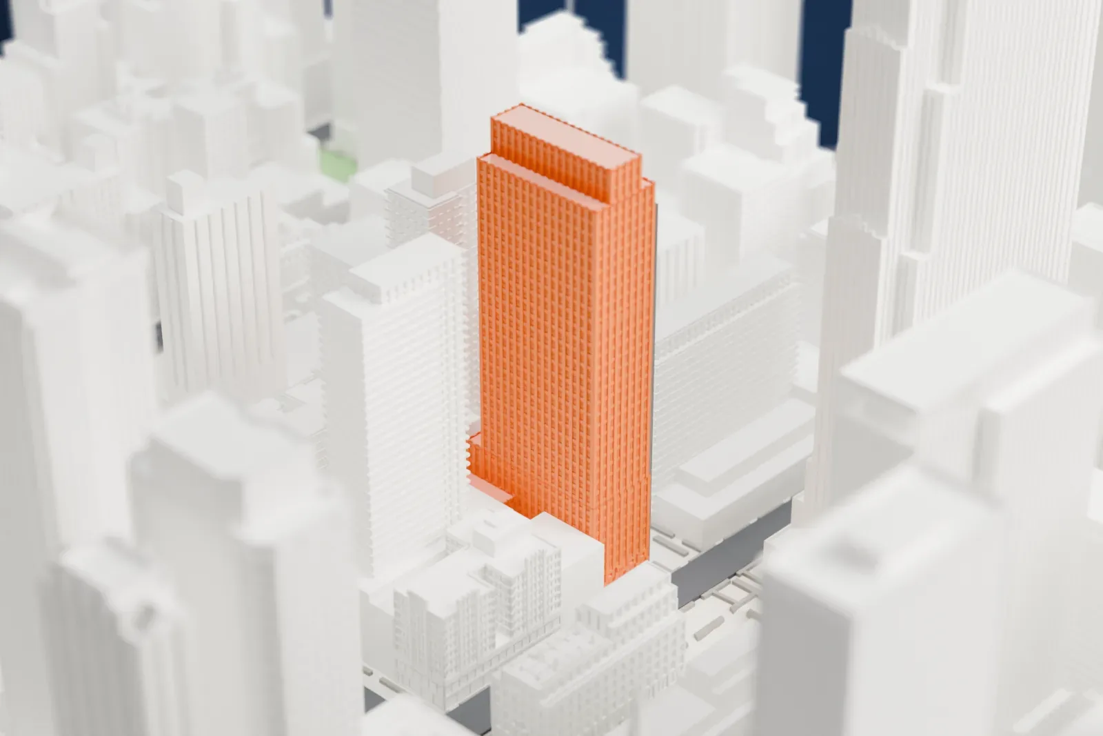 A white 3D print of 1 Rockefeller Plaza, a tall slab-sided tower with stepped setbacks near the top, rising among taller and shorter skyscrapers.