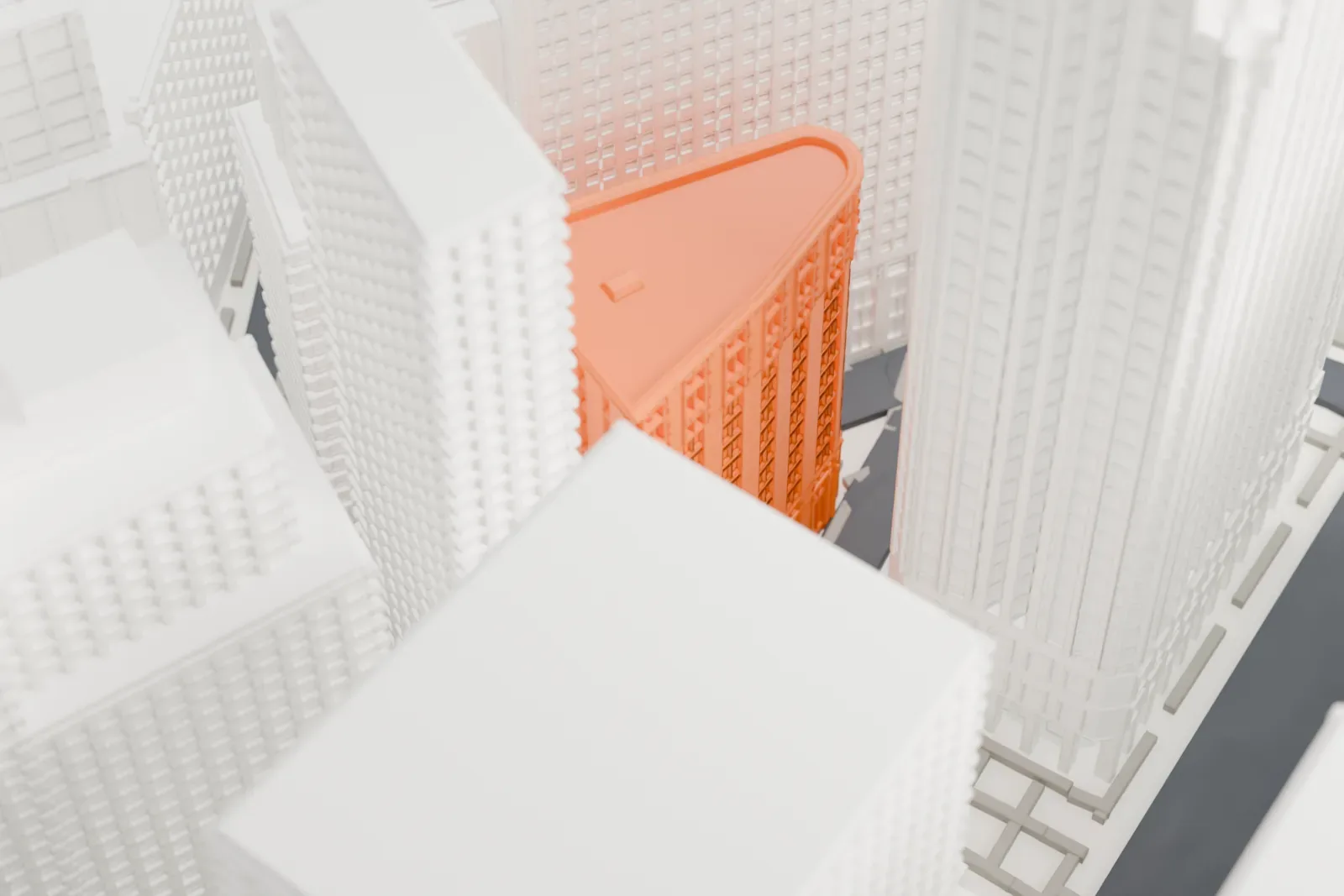 A white 3D print of 1 Wall Street Court, a small building with a rounded corner, mostly hidden between much taller Financial District towers.