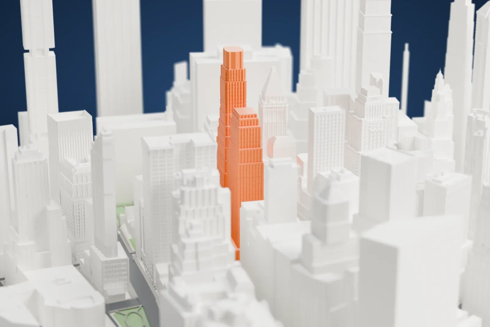 A white 3D print of the 1 Wall Street building, with stepped towers and grooved facades amid closely packed buildings of varied heights.