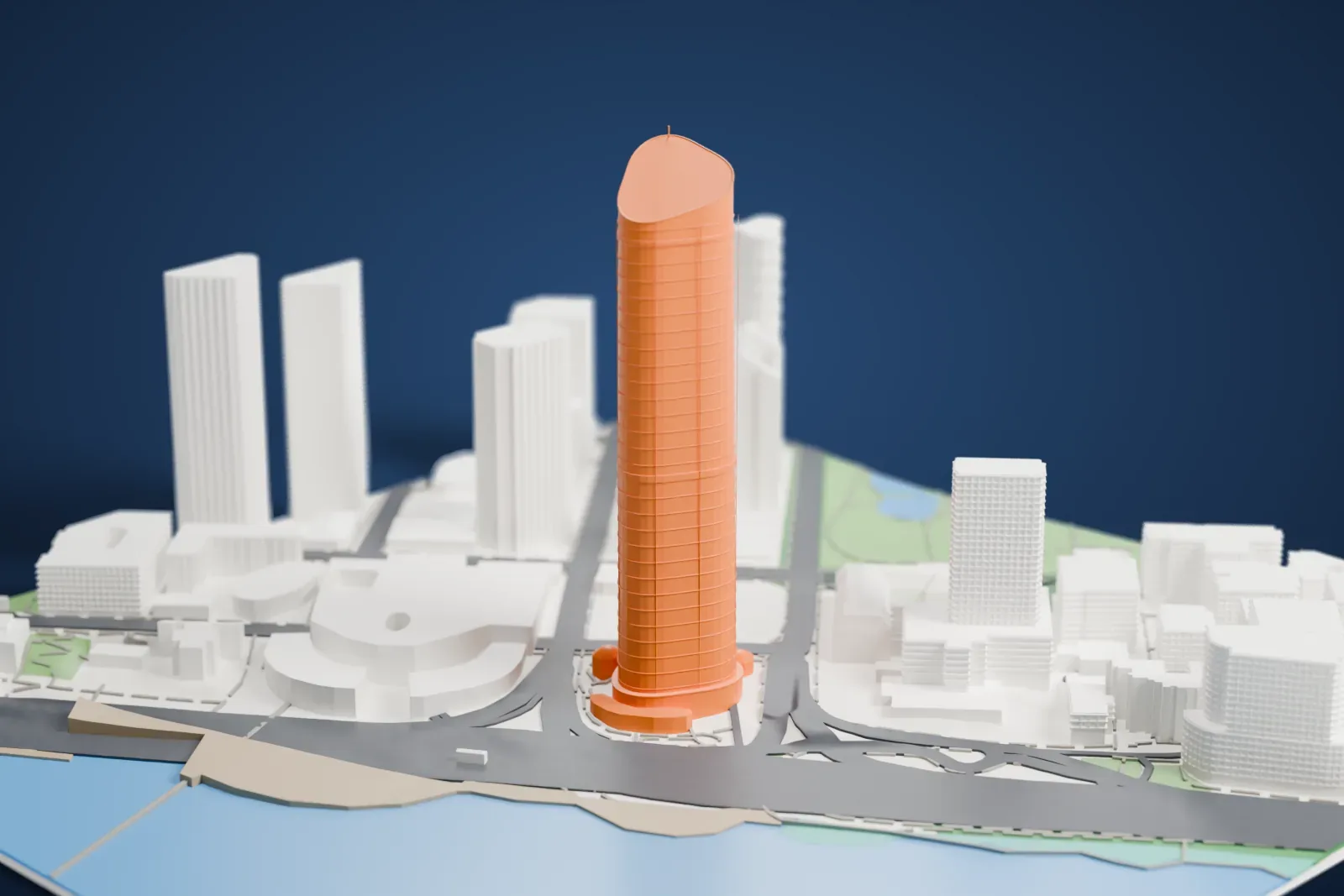 A white 3D print of 1 William Street, a tall slender oval tower with a sloping top and a thin mast, rising beside open water and low city buildings.