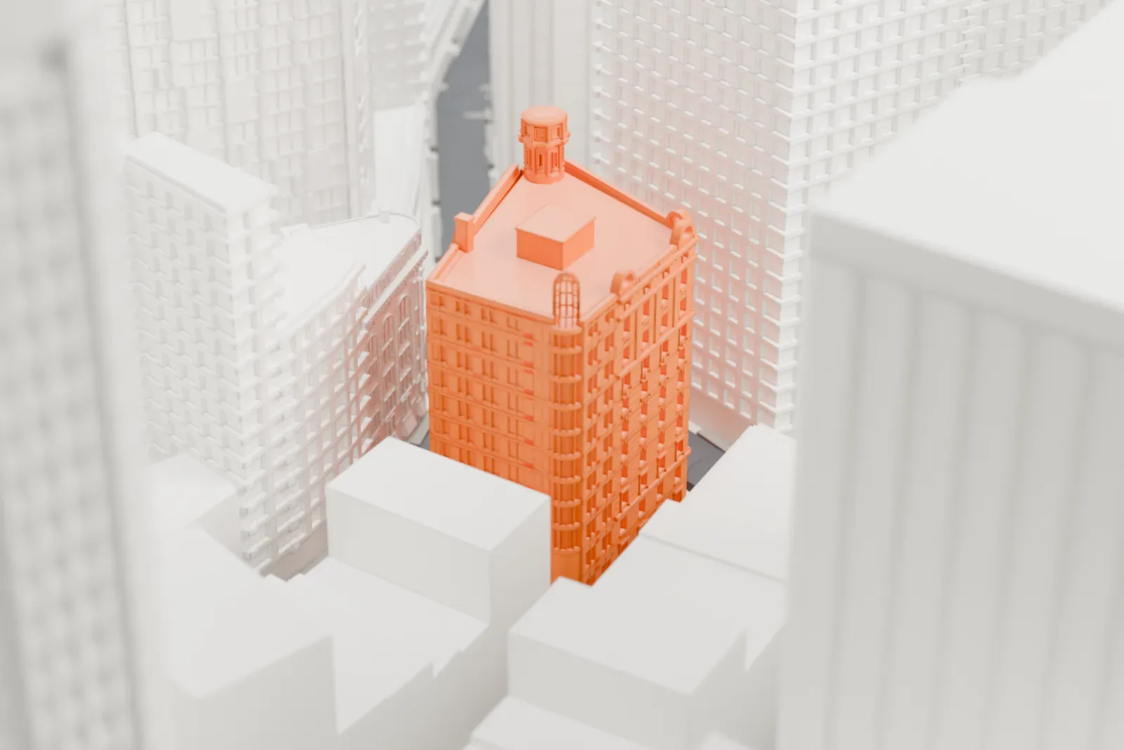 A white 3D print of 1 William Street, an ornate building with a small round feature at its top, hemmed in by much taller buildings.
