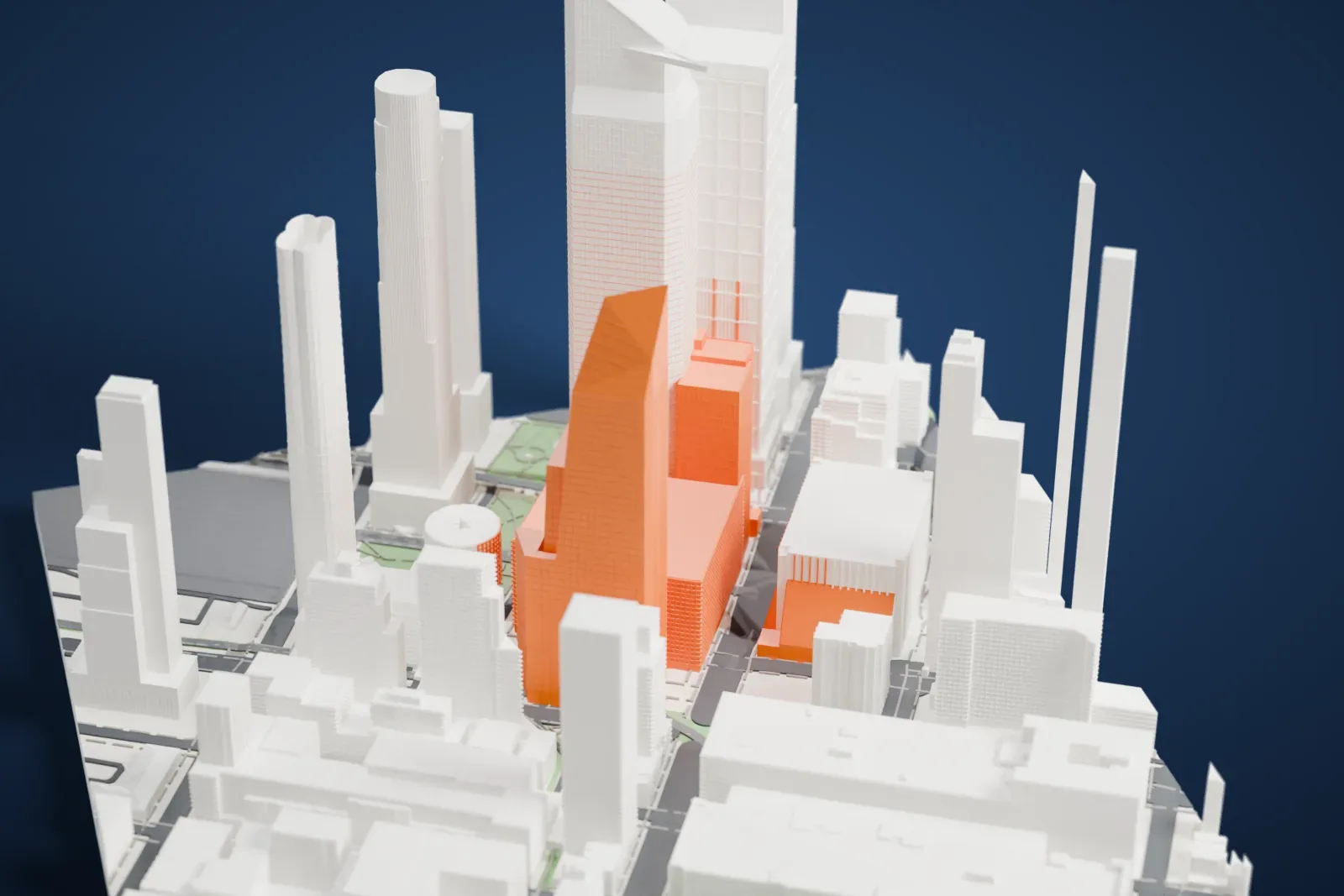 A white 3D print of 10 Hudson Yards, a tapering tower with a slanted roof and stepped sides, standing among other tall towers and mid-rise buildings.
