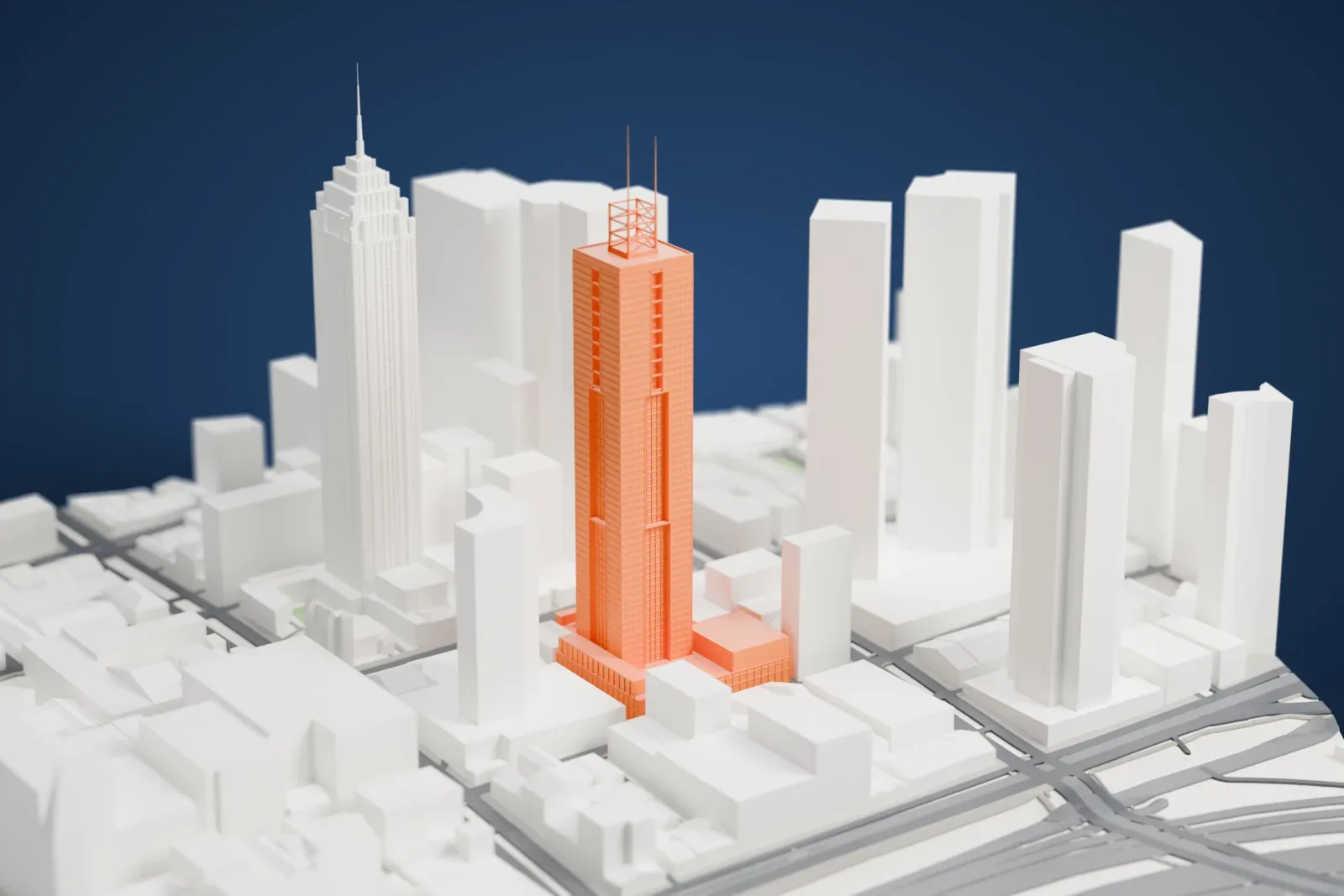 A white 3D print of 101 Collins Street, a tall tower with a spire, among surrounding streets and buildings in Melbourne.