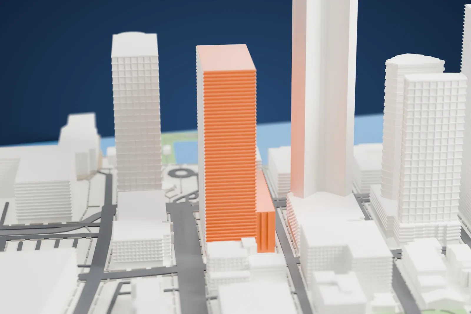 A white 3D print of 101 Hudson Street, a stepped tower with ribbed walls, standing among taller neighboring buildings and city streets with a strip of water behind.