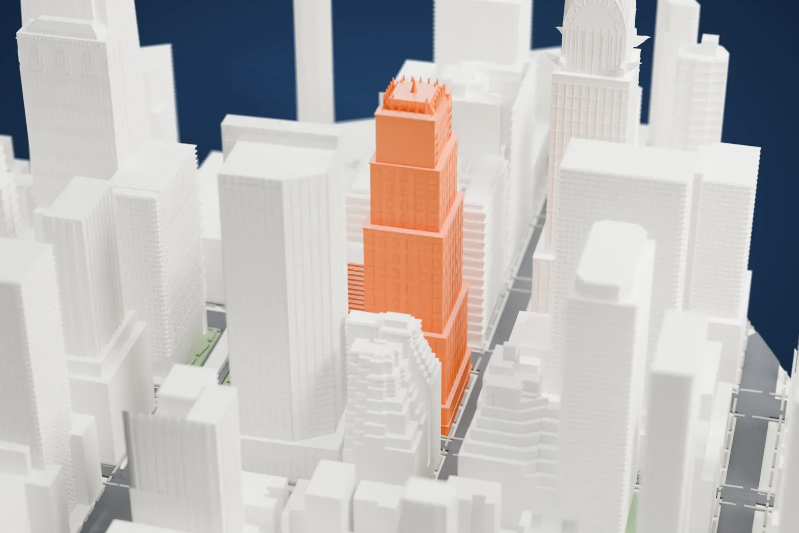 A white 3D print of 101 Park Avenue, a tall rectangular tower, standing among taller and shorter skyscrapers on a dense grid of Manhattan blocks.