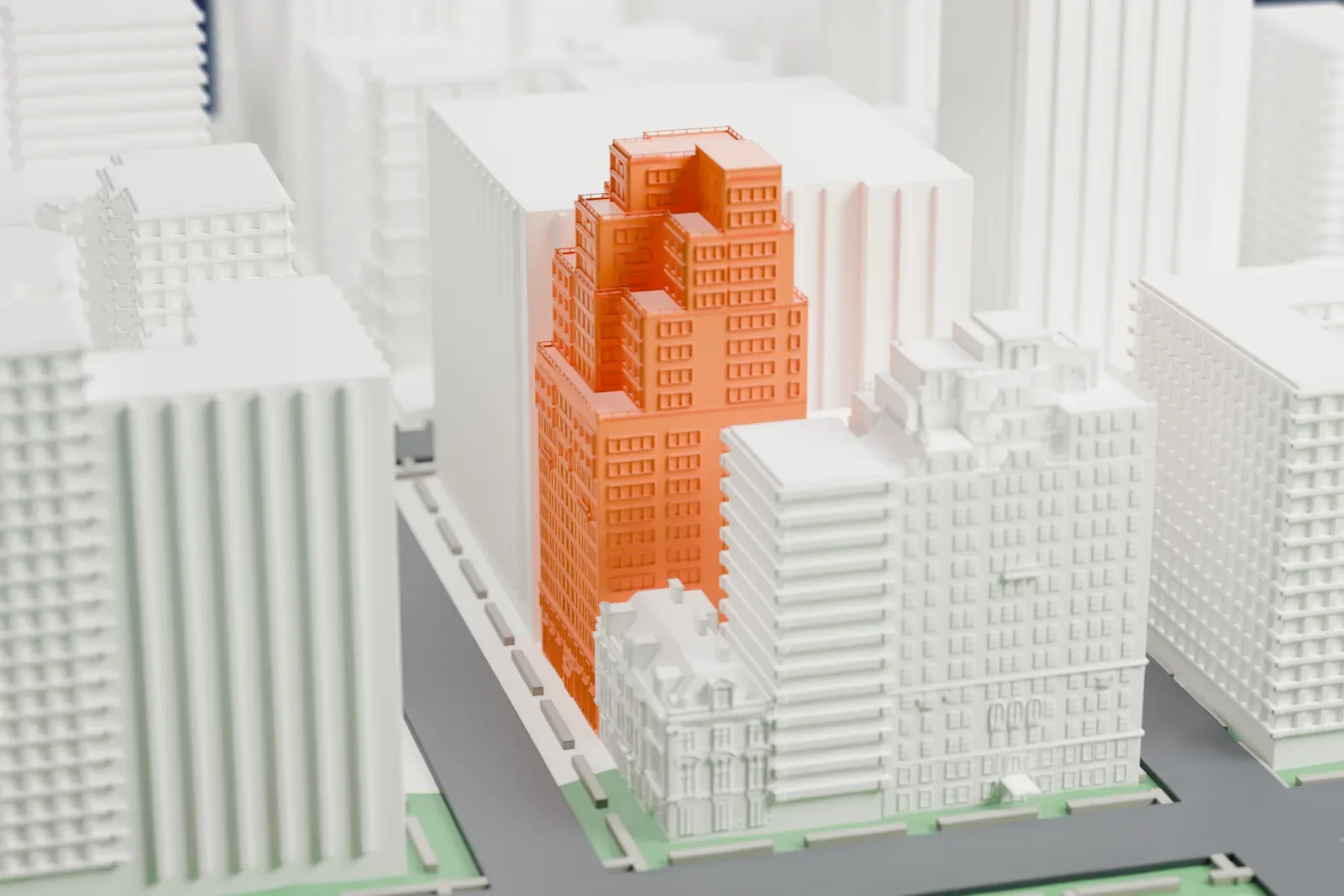 A white 3D print of 1049 Fifth Avenue, a tall stepped tower with many windows, among larger neighboring buildings and beside a green park.