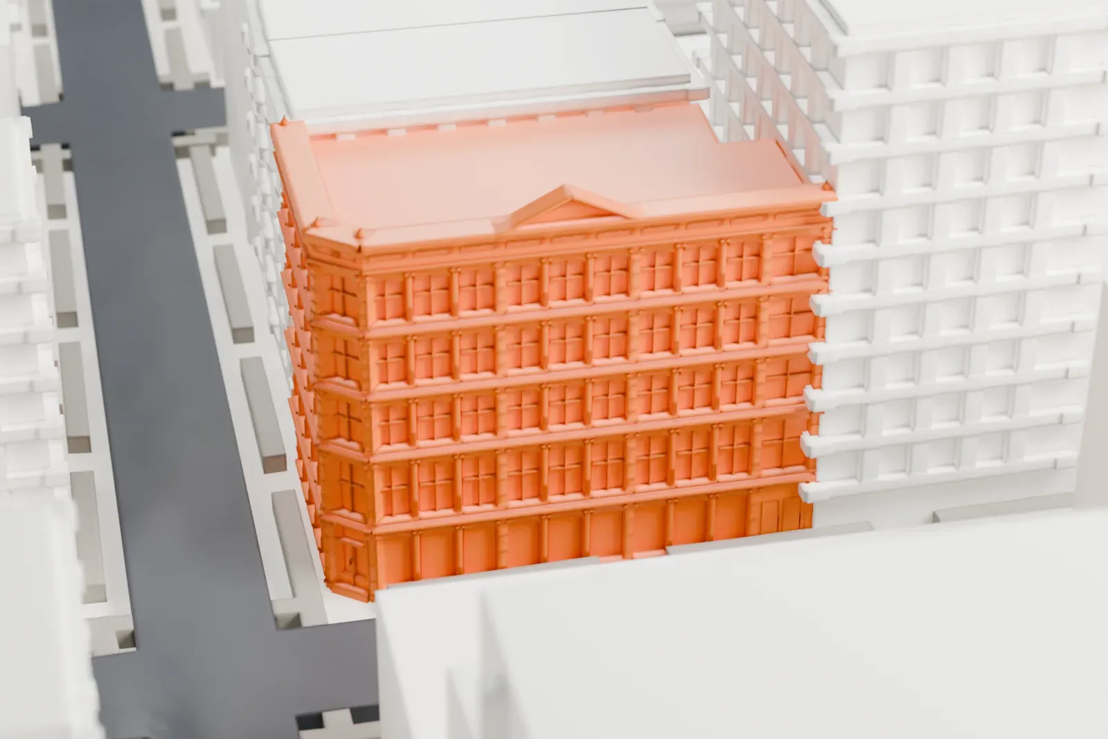 A white 3D print of 109 Prince Street, a corner building with a decorated street front and a small pediment, set among taller buildings along the surrounding streets.