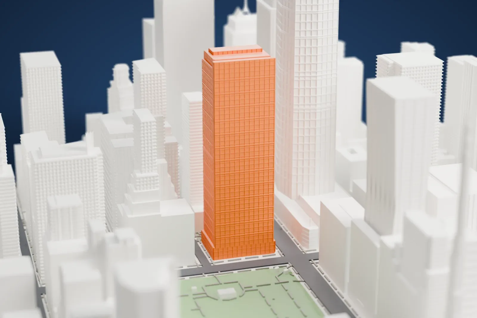 A white 3D print of 1095 Avenue of the Americas, a tall gridded tower with a stepped top, packed in among other tall buildings with a small park nearby.