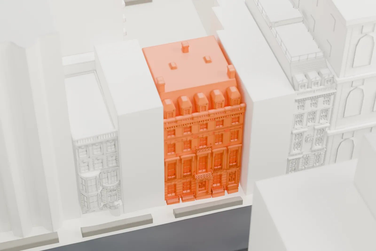 A white 3D print of 11 West 54th Street, a small low building almost hidden between tall office towers in dense Midtown streets.