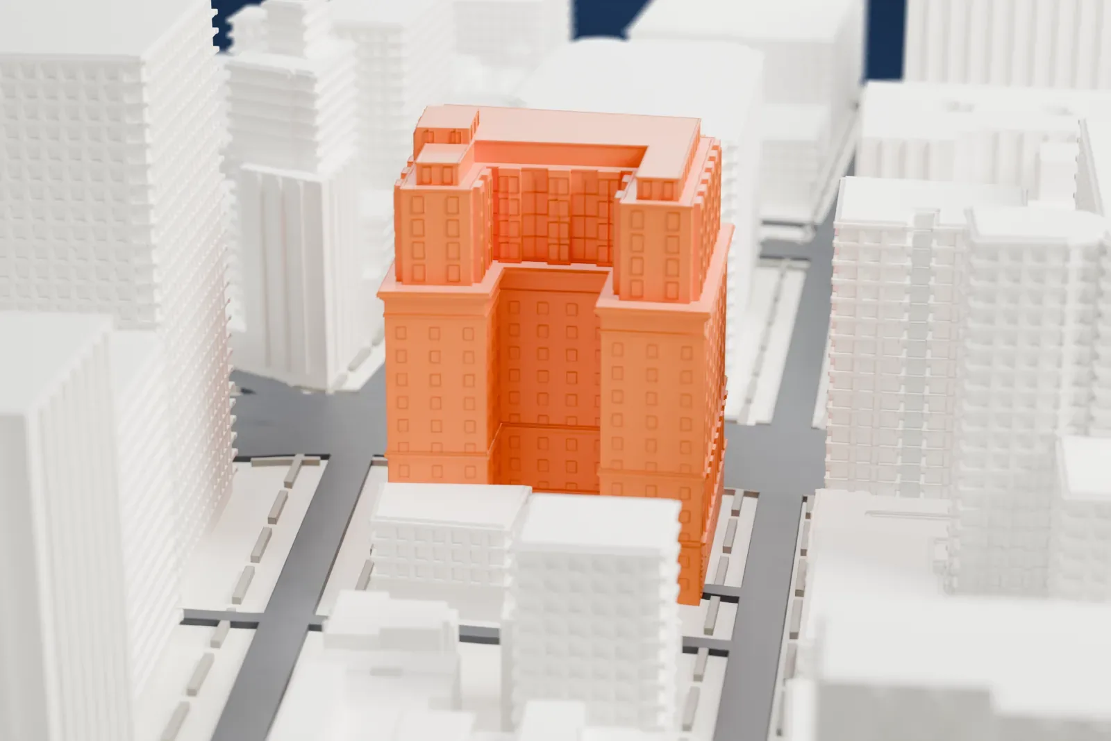 A white 3D print of 110 Livingston Street, a stepped tall building standing among taller and lower buildings in Downtown Brooklyn.
