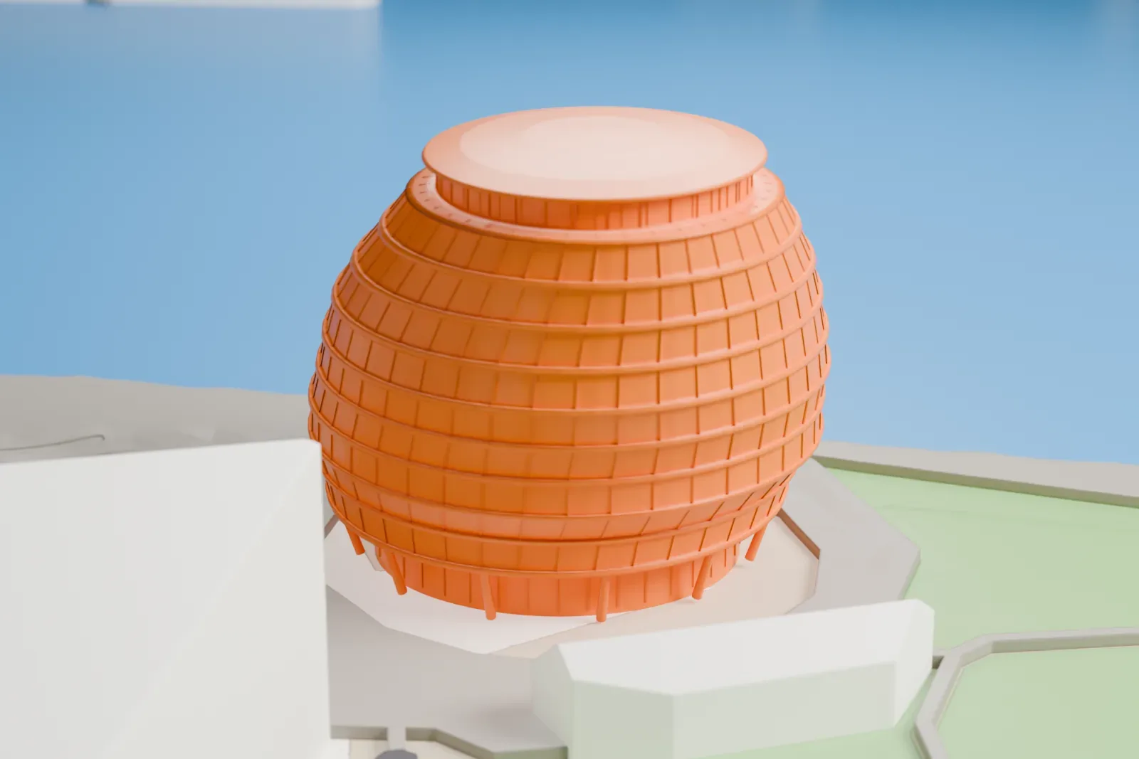 A white 3D print of 110 The Queen's Walk, a leaning rounded hall, beside the Thames with riverside buildings around it.