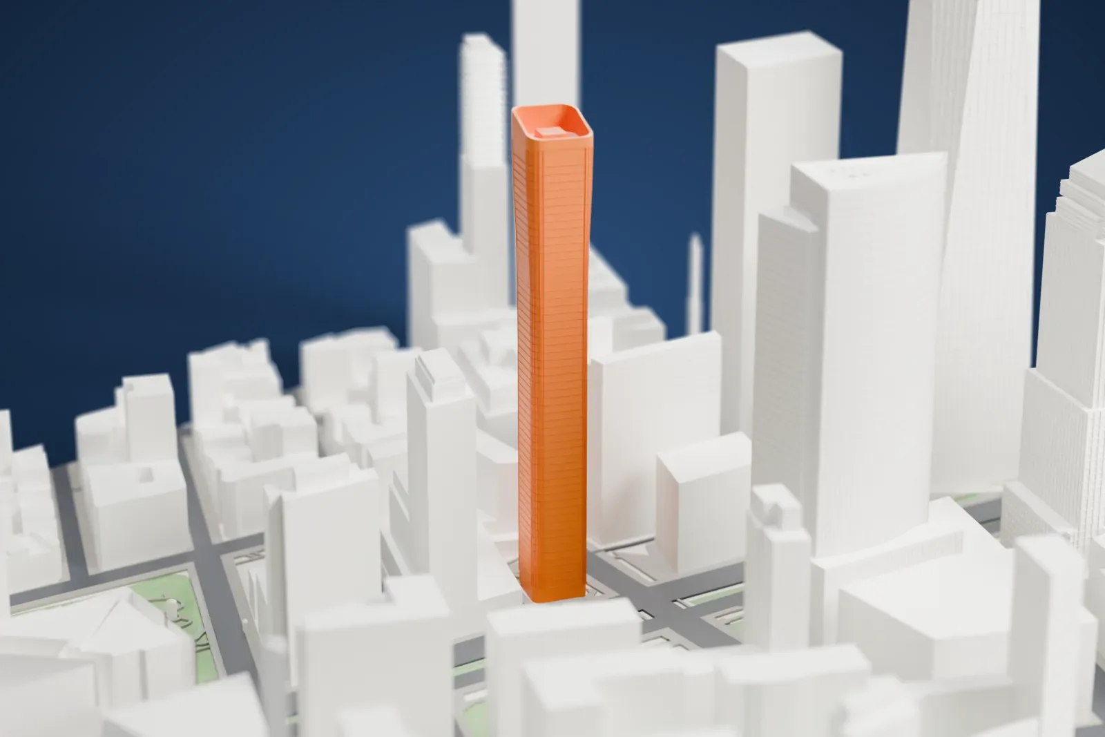 A white 3D print of 111 Murray Street, a tall residential tower standing among the surrounding buildings of Manhattan.