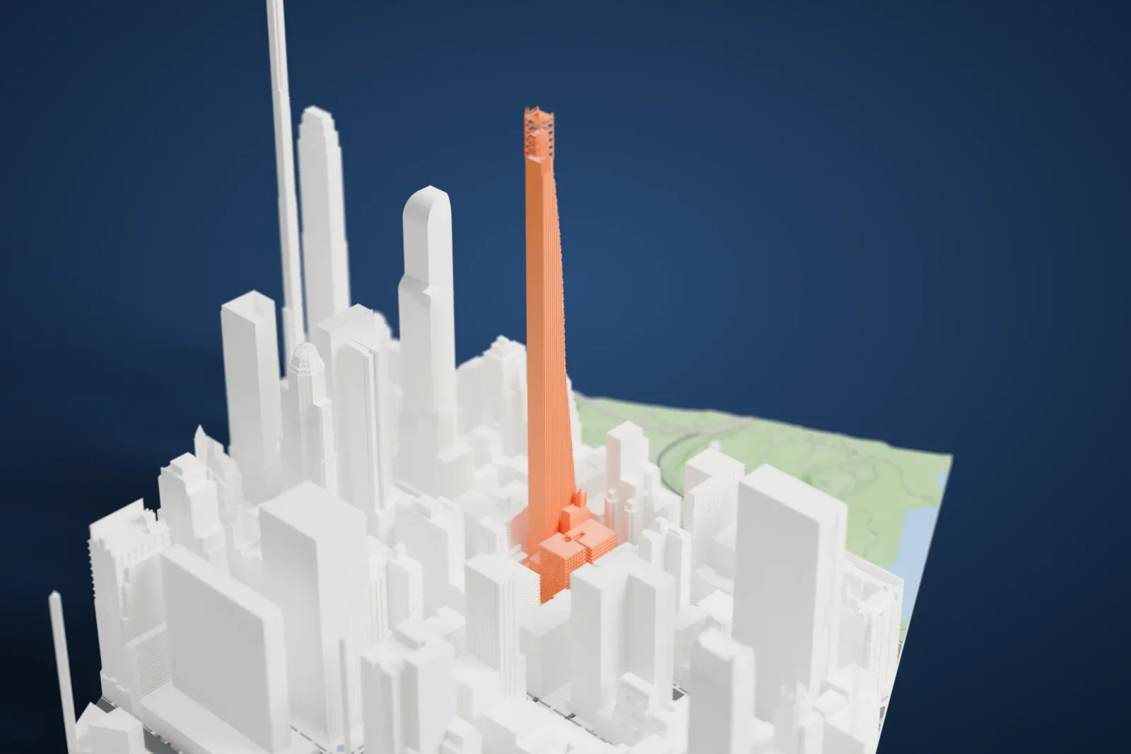 A white 3D print of 111 West 57th Street, an extremely thin supertall tower with a lattice crown, rising among the towers of Midtown Manhattan near Central Park.