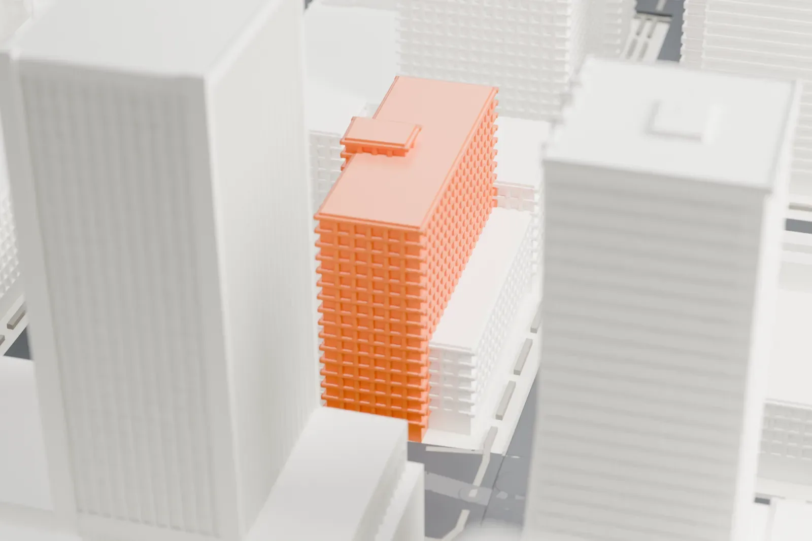 A white 3D print of 111 West Monroe, a tall rectangular office building with a small block on its roof, among dense downtown buildings and wide streets.