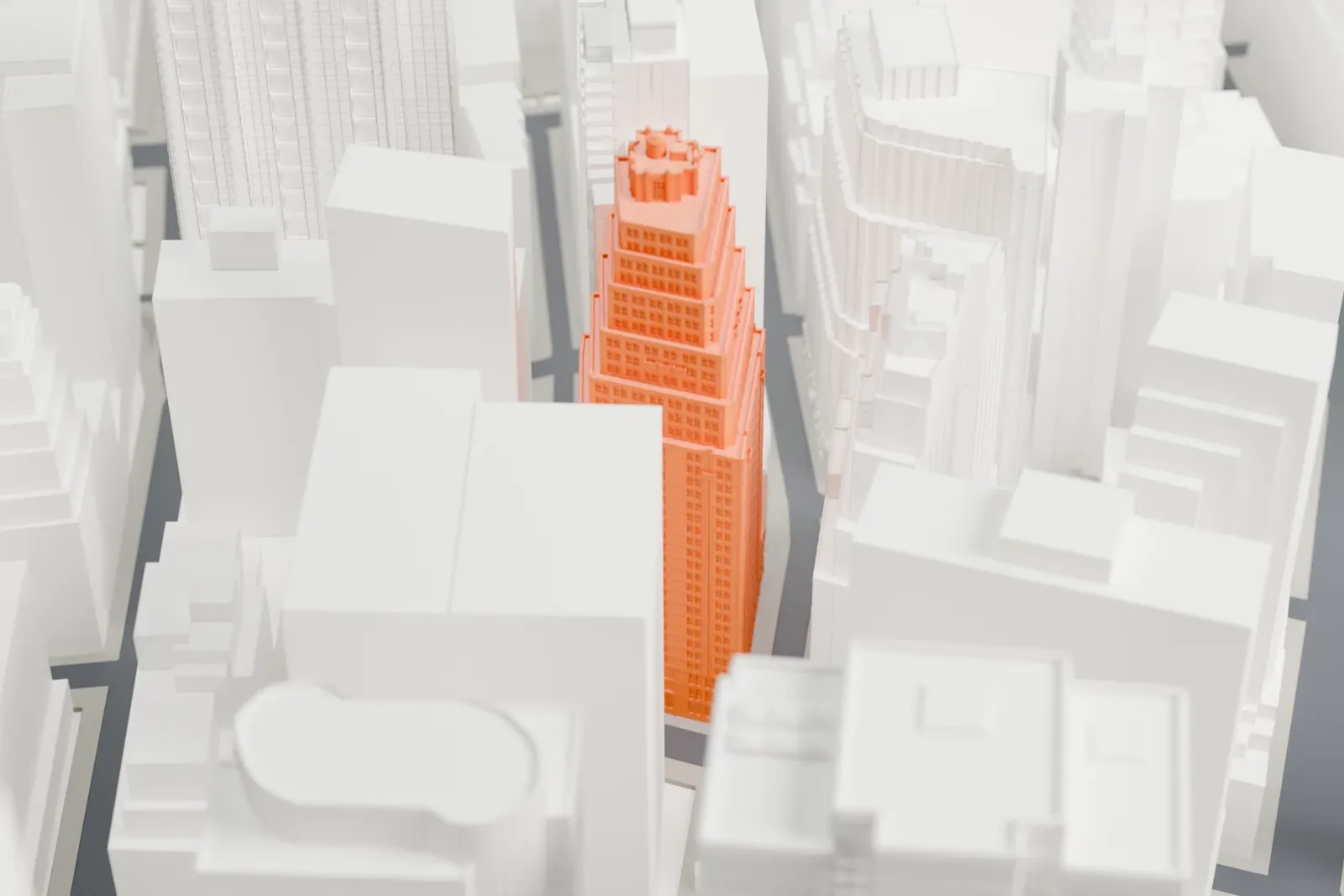 A white 3D print of 116 John Street, a stepped brick office tower, shown among tall neighboring buildings.